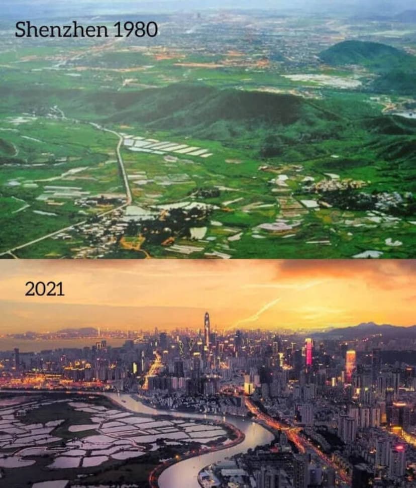Сравнение Шенчжэня 1980 и 2021 года: развитие от сельской местности до современного мегаполиса.