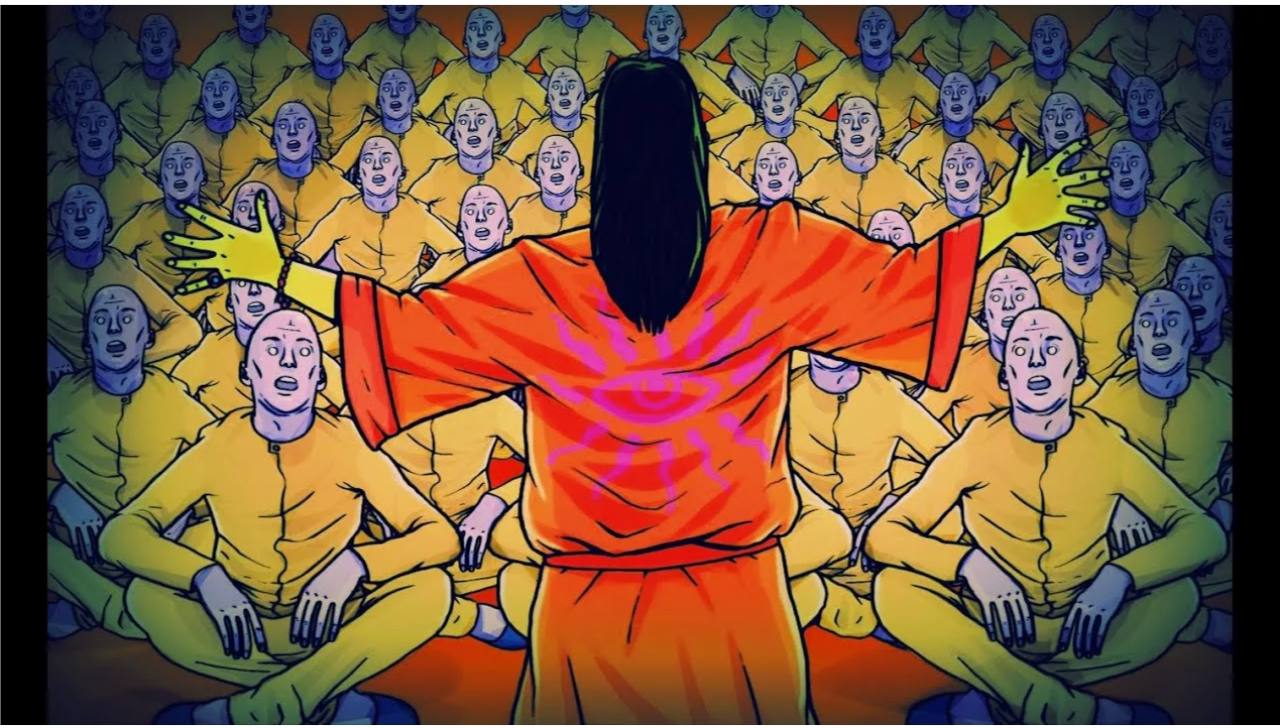 Владелец завода в яркой одежде среди сотрудников в одинаковой форме, создающий корпоративную культуру.
